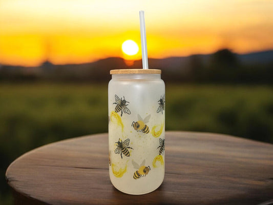 Frosted glass cup 16oz, Iced Coffee Cup, Bees & Honey - Glass Cup with Lid and Straw, Bee lover, Glass Tumbler