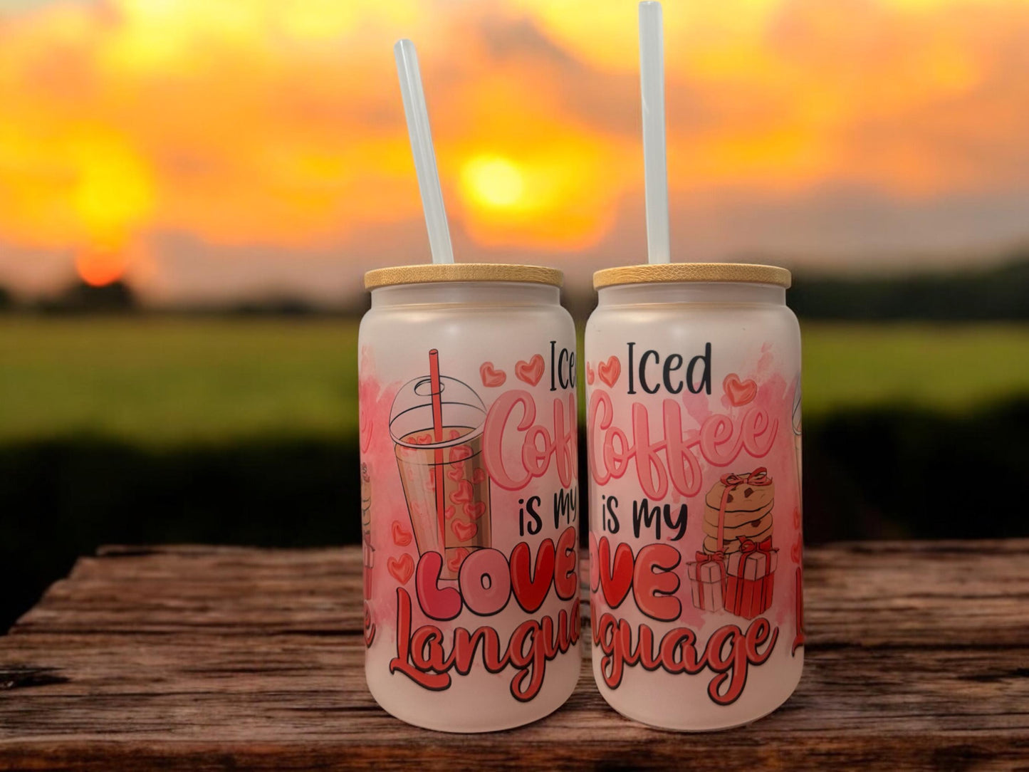 Frosted glass cup 16oz, Iced Coffee Cup, Iced Coffee is my love language, Glass Cup with Lid and Straw, Coffee lover, Glass Tumbler