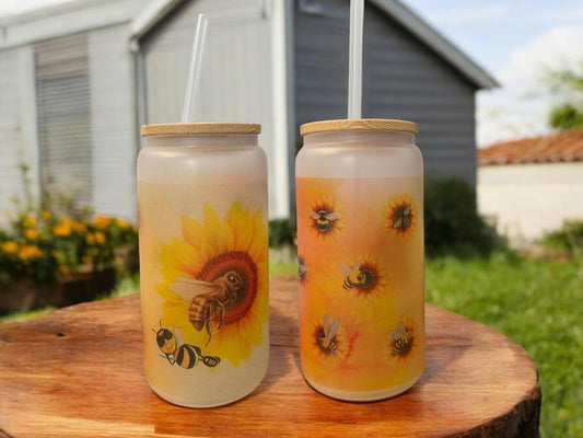 Frosted glass cup 16oz, Iced Coffee Cup, Bees & Honey - Glass Cup With Lid And Straw, Bee lover, Glass Tumbler