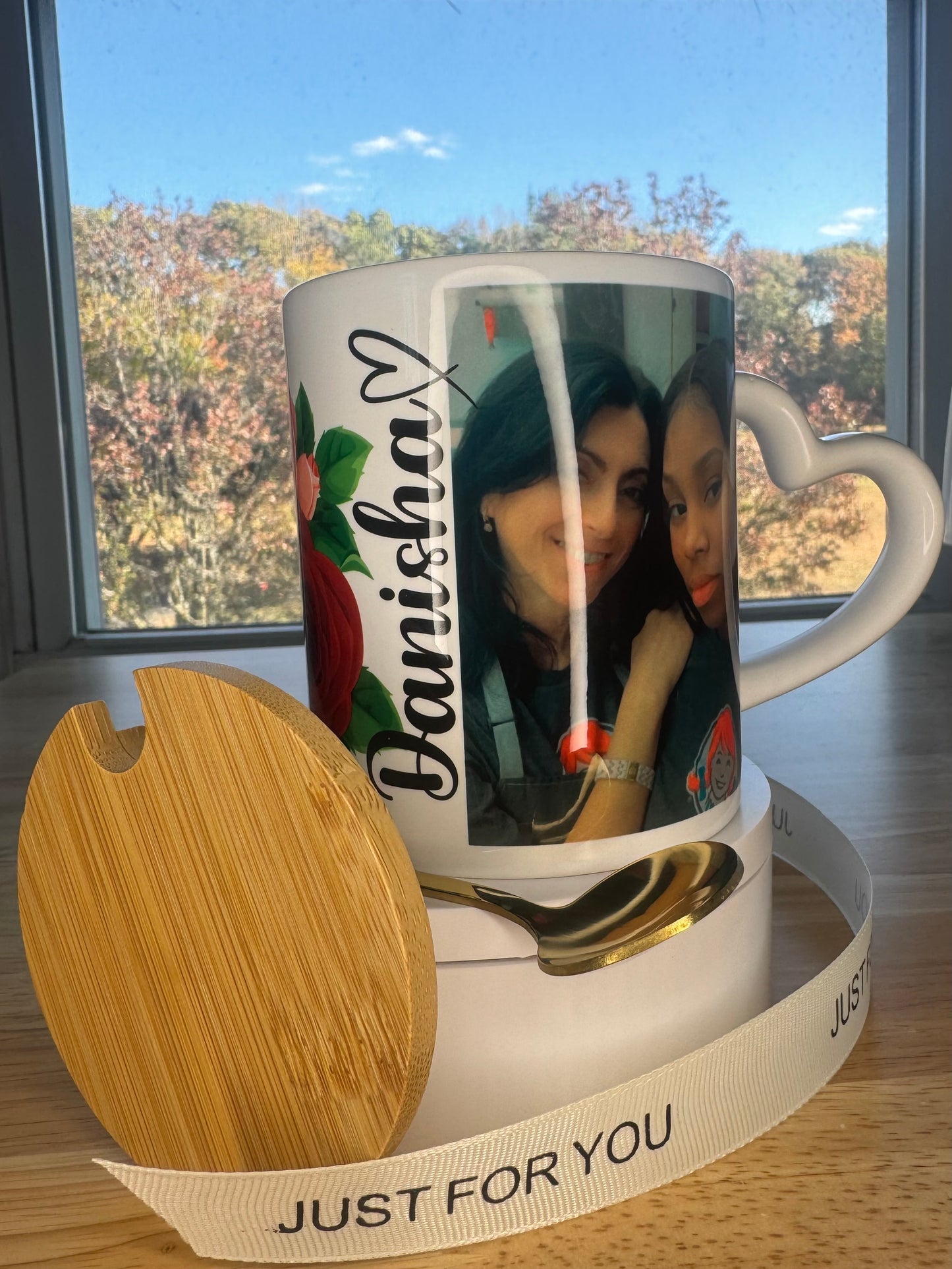 Custom picture, Sublimation mug with lid and spoon, heart handle