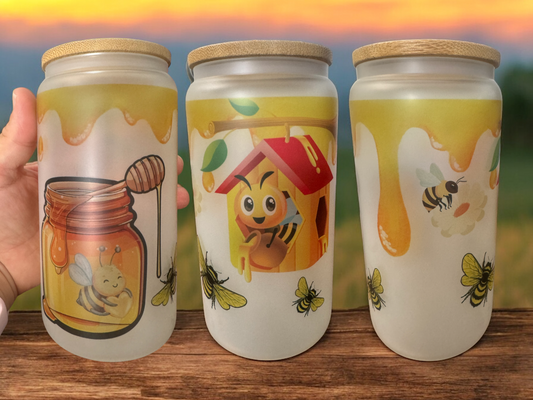 16oz frosted glass cup, Iced Coffee Cup, Bees & Honey - Glass Cup With Lid And Straw, Bee lover, Glass Tumbler