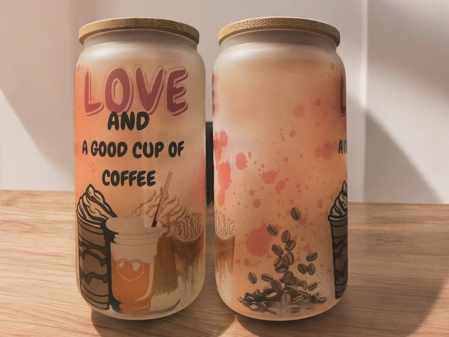 Frosted glass cup 16oz, Iced Coffee Cup, Love and a good cup of coffee, Glass Cup with Lid and Straw, Coffee lover, Glass Tumbler