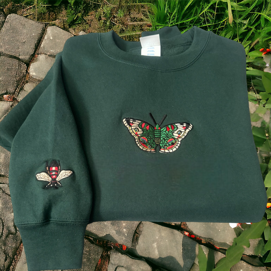 Embroidered sweatshirt butterfly and bee, color dark green