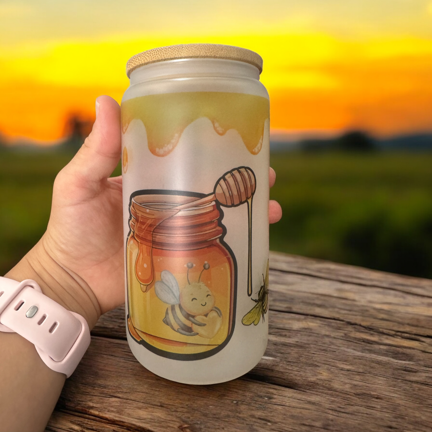 16oz frosted glass cup, Iced Coffee Cup, Bees & Honey - Glass Cup With Lid And Straw, Bee lover, Glass Tumbler