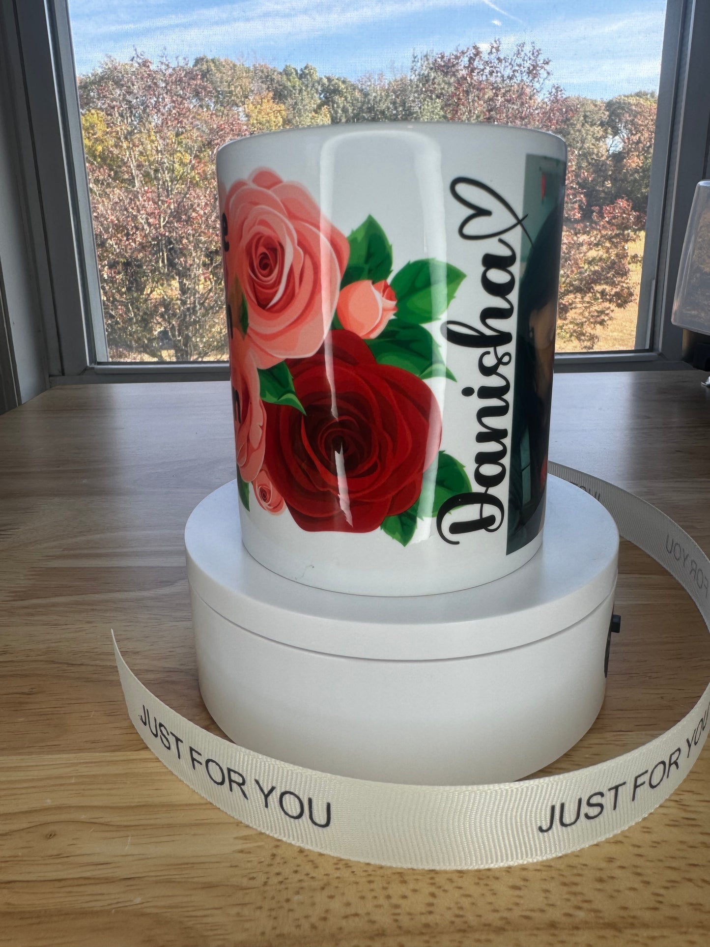 Custom picture, Sublimation mug with lid and spoon, heart handle