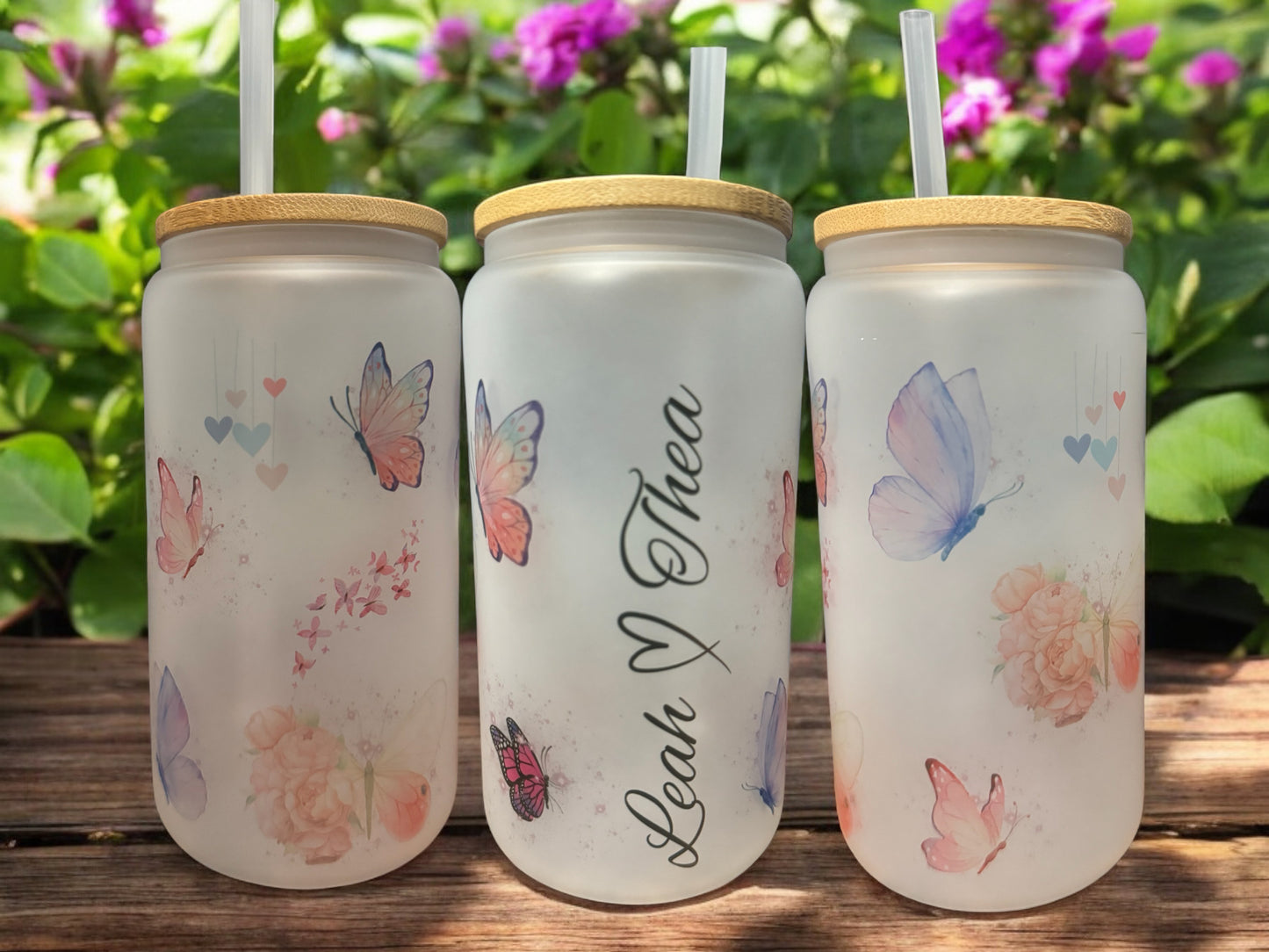 Custom personalized frosted glass cup with lid and straw 16oz