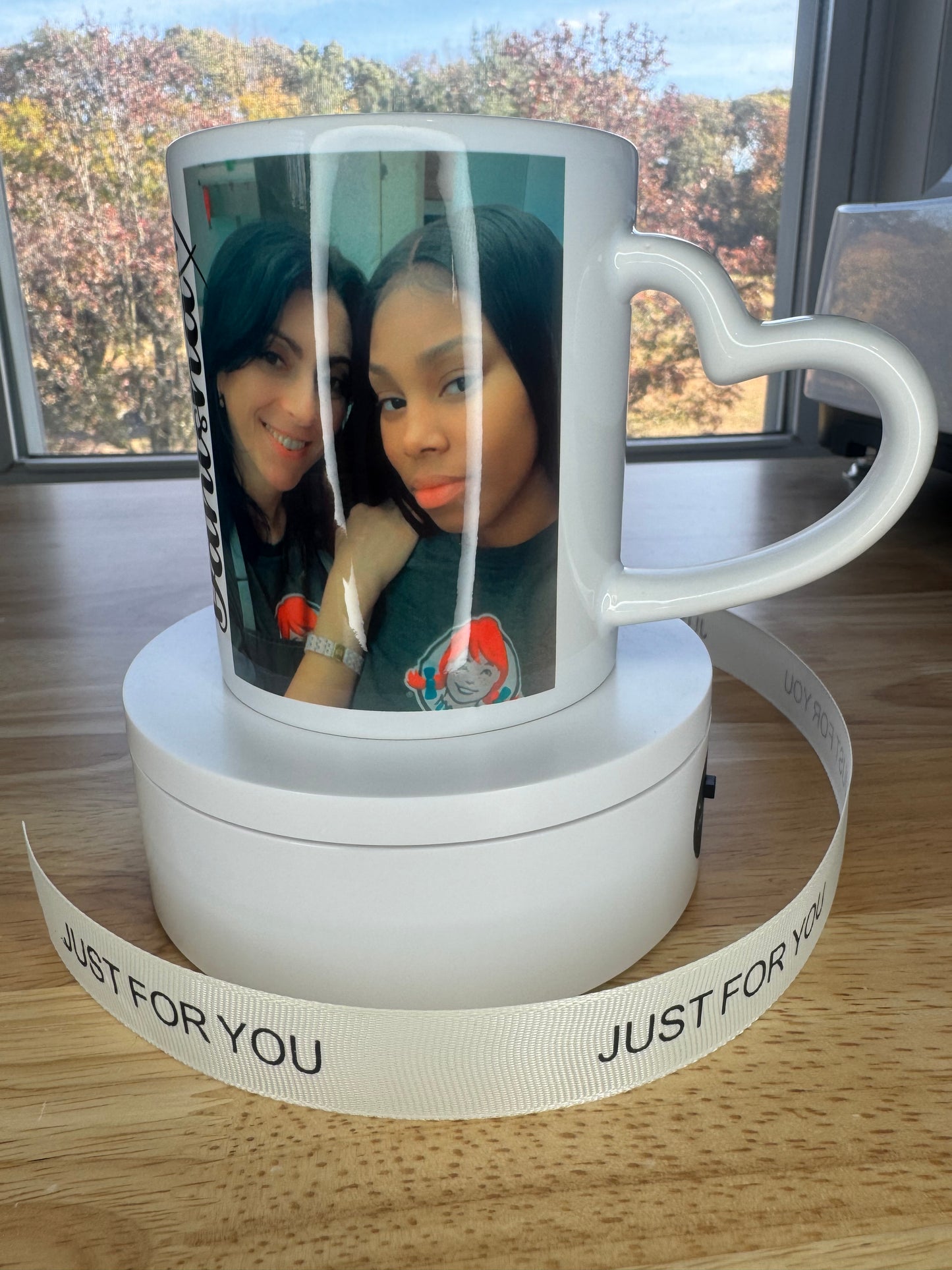 Custom picture, Sublimation mug with lid and spoon, heart handle