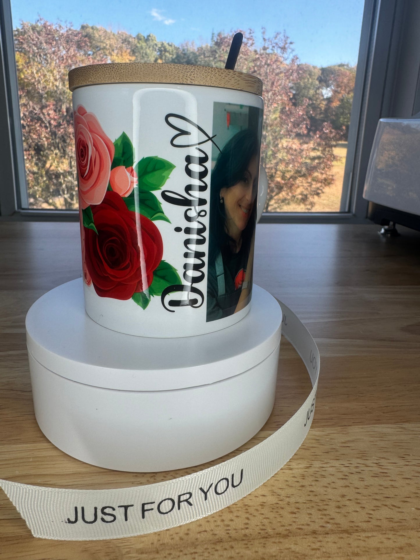 Custom picture, Sublimation mug with lid and spoon, heart handle