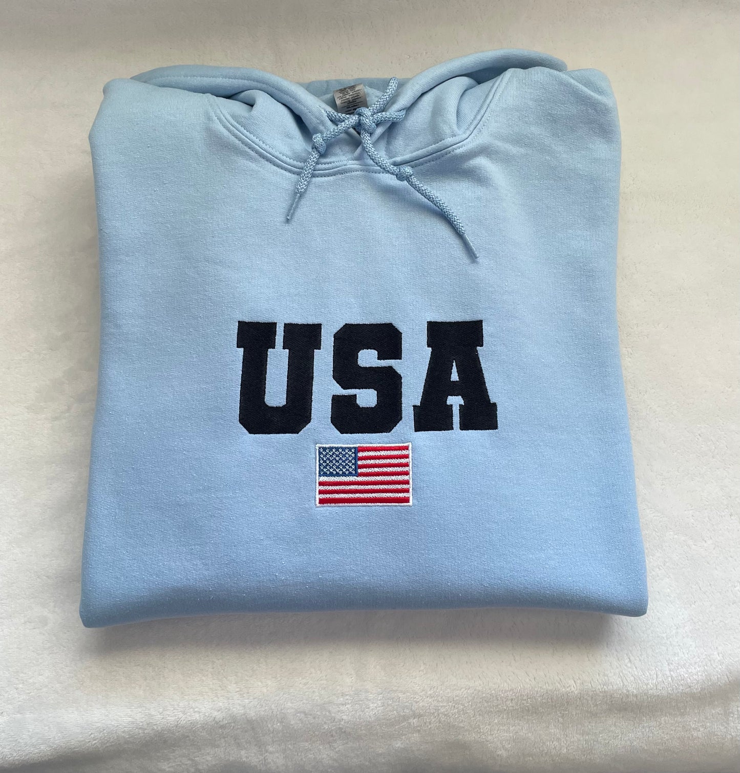 USA embroidered hoodie, American flag, proud American