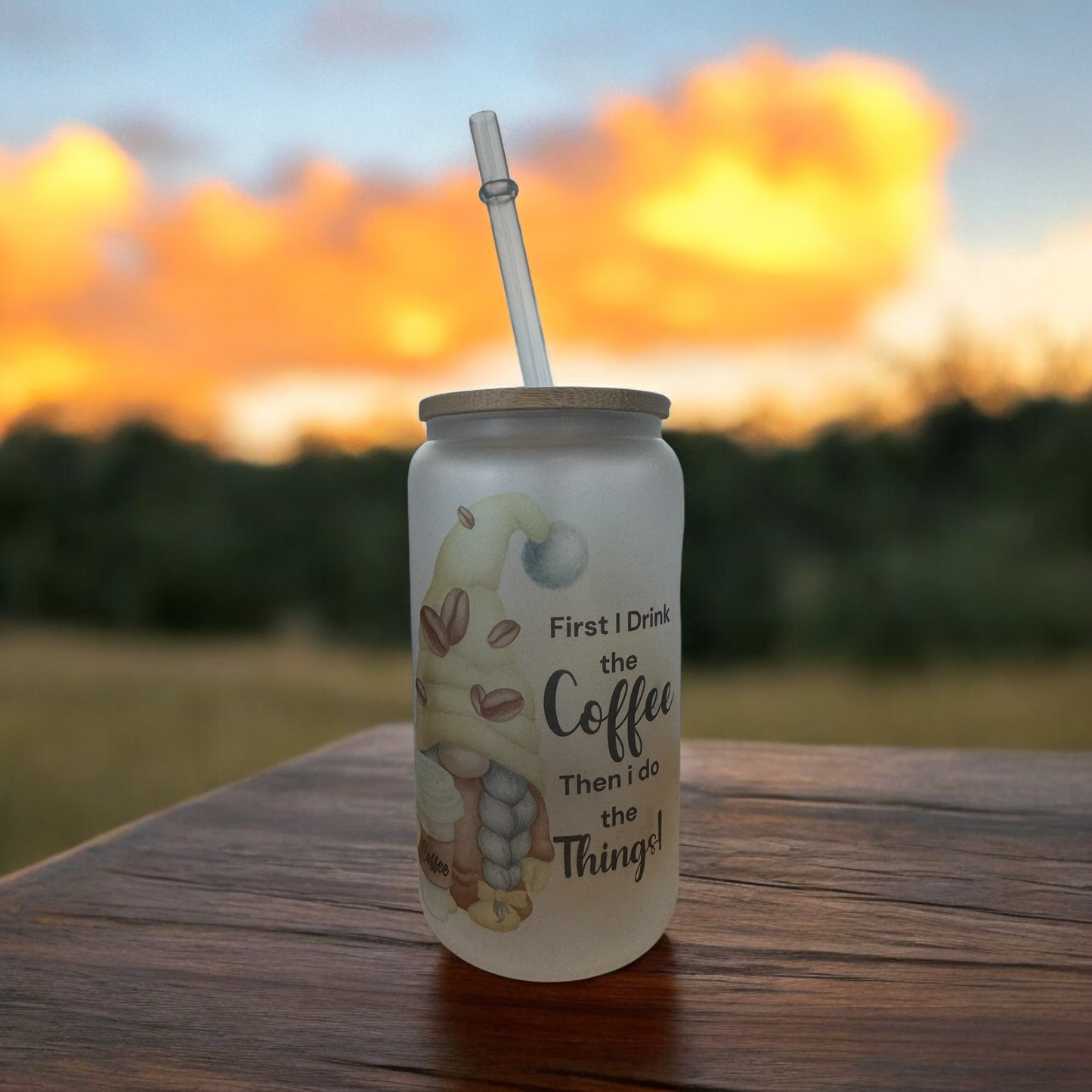 Frosted glass cup 16oz, Iced Coffee Cup, First coffee - Glass Cup with Lid and Straw, Glass Tumbler