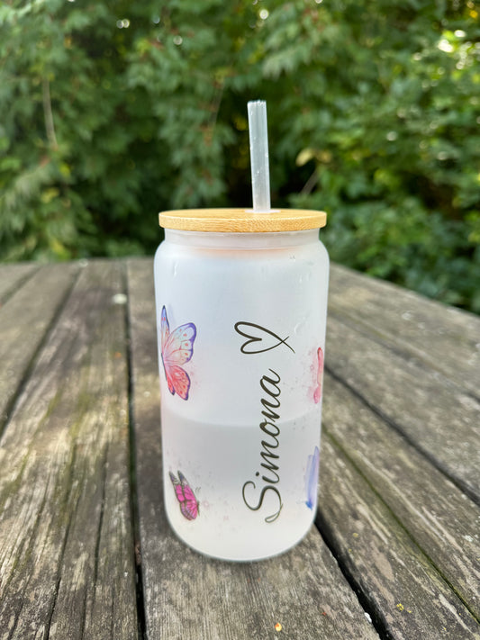 Custom personalized frosted glass cup with lid and straw 16oz