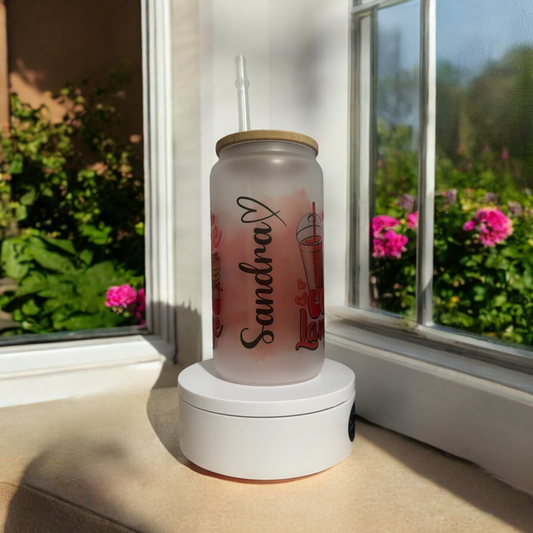 Custom personalized frosted glass cup with lid and straw 16oz, Mom iced coffee, sublimation cup