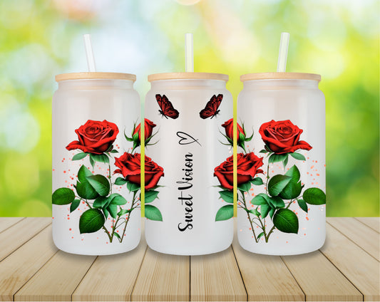 Custom personalized frosted glass cup with lid and straw 16oz , Flowers roses