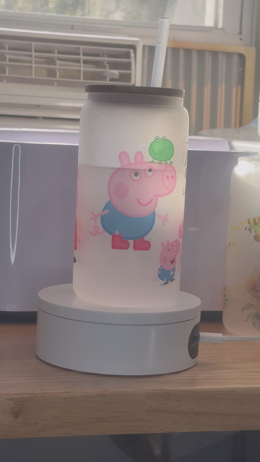 Frosted glass cup 16oz,Iced Coffee Cup, Mom iced coffee cup,Pepa pig and George pig, Glass Tumbler